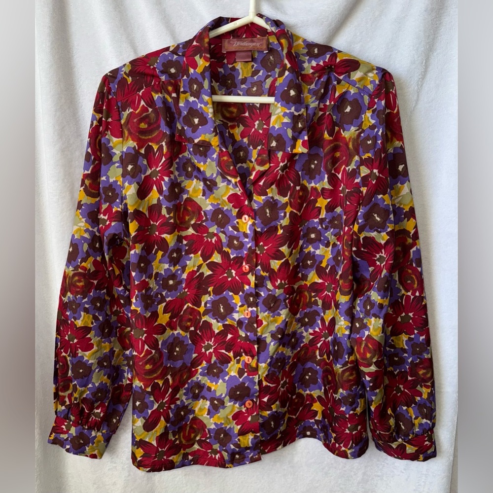 Worthington Red Floral Button-Front Blouse with Purple & Yellow Flowers